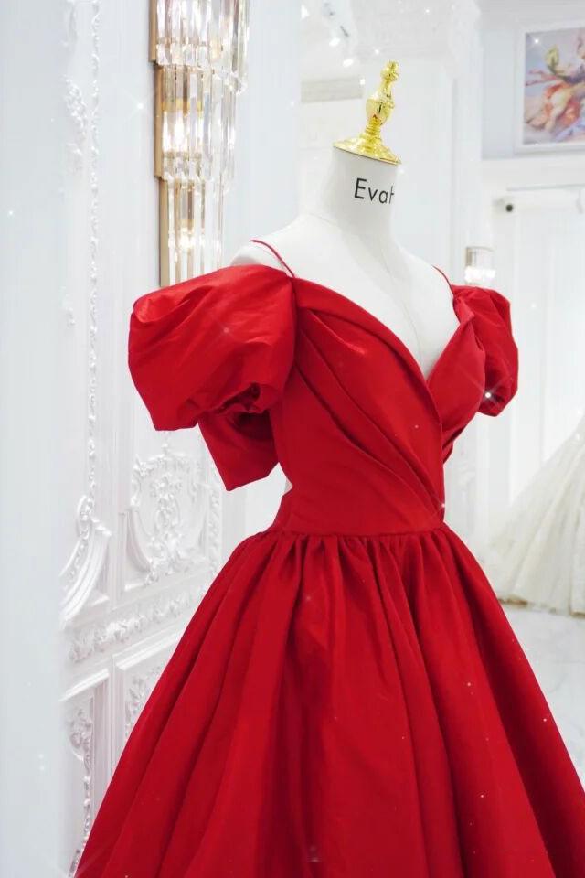 Red Prom Dress V Neck Satin Long Evening Dress