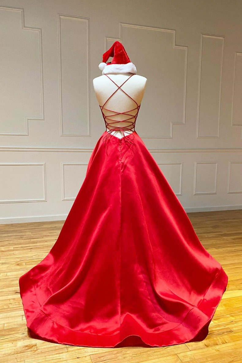 Red Prom Dress V Neck Satin Long Formal Evening Dress