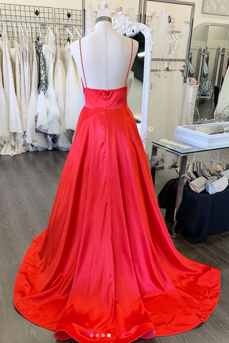 Red Prom Dress V Neck Satin Long Formal Evening Dress