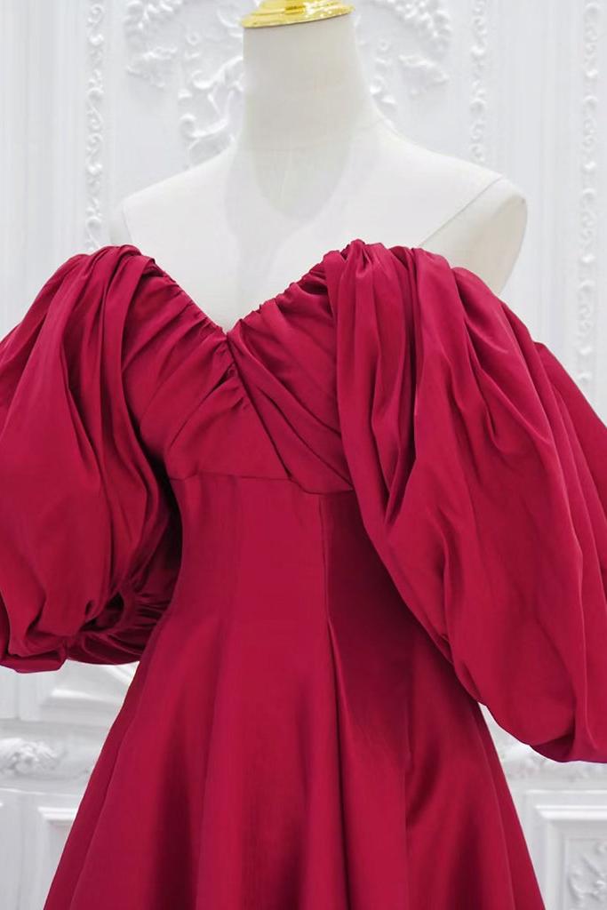 Red Prom Dress V Neck Satin Long Puff Sleeves Formal Dress Evening Dress