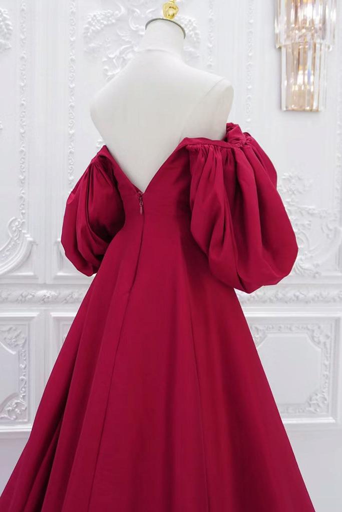 Red Prom Dress V Neck Satin Long Puff Sleeves Formal Dress Evening Dress