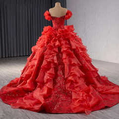 Red Puff Sleeve Quinceanera Dress Organza Ball Gown Sweet 16 Dress