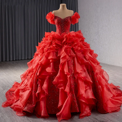 Red Puff Sleeve Quinceanera Dress Organza Ball Gown Sweet 16 Dress