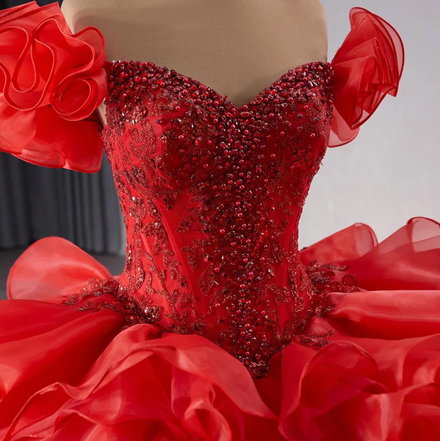 Red Puff Sleeve Quinceanera Dress Organza Ball Gown Sweet 16 Dress