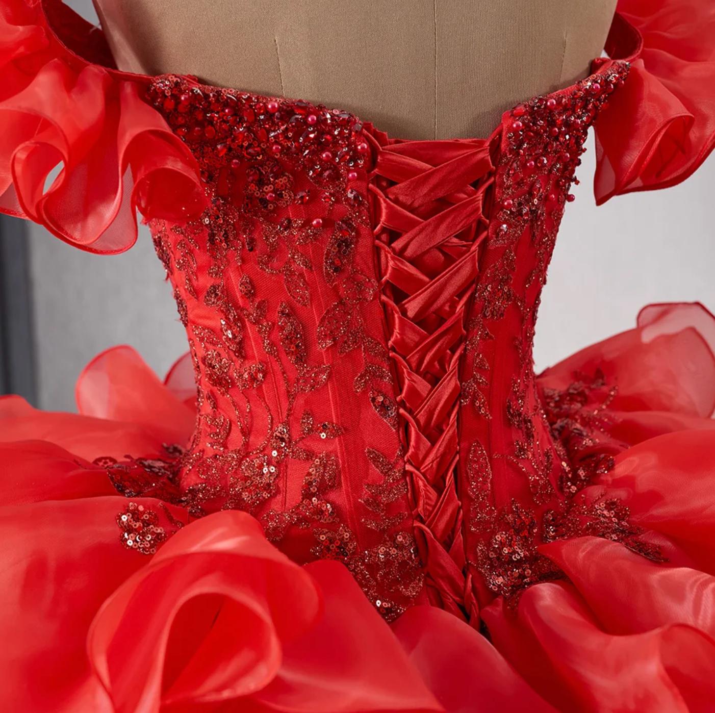 Red Puff Sleeve Quinceanera Dress Organza Ball Gown Sweet 16 Dress