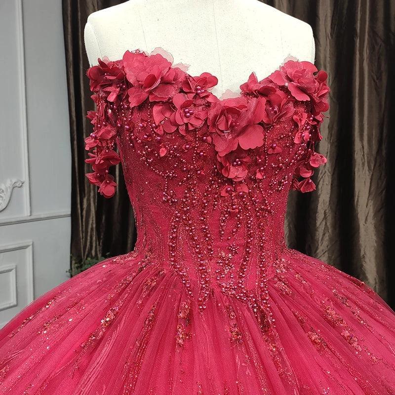Red Quinceanera Dress Ball Gown Sequined Flowers Sweet 16 Dress