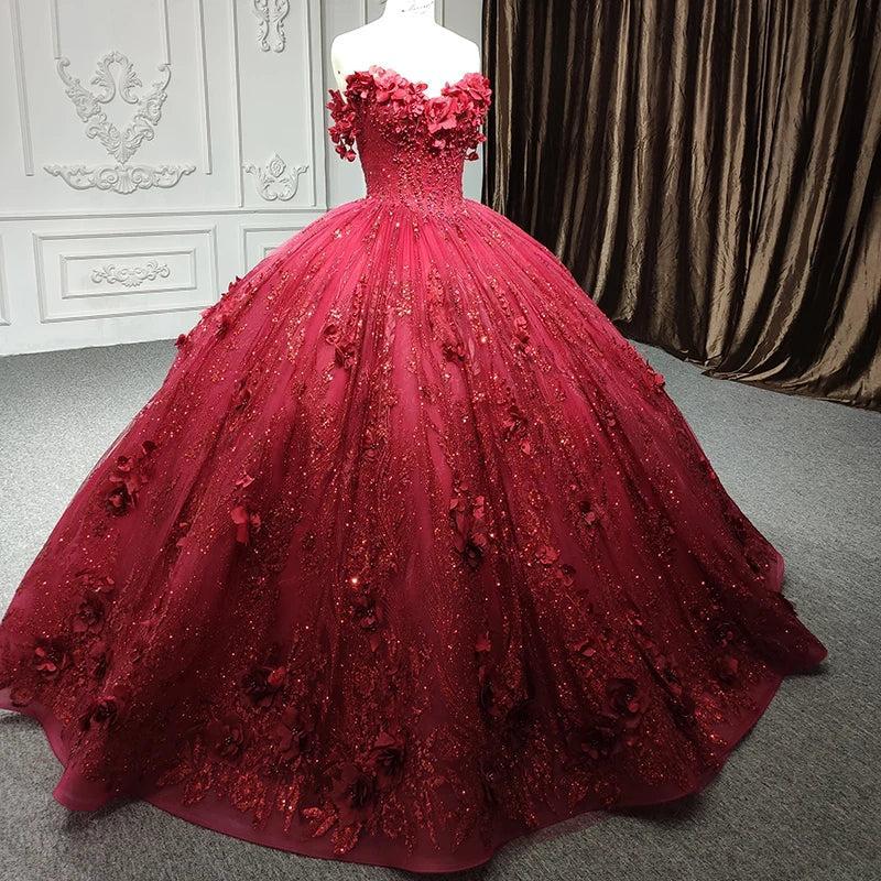 Red Quinceanera Dress Ball Gown Sequined Flowers Sweet 16 Dress