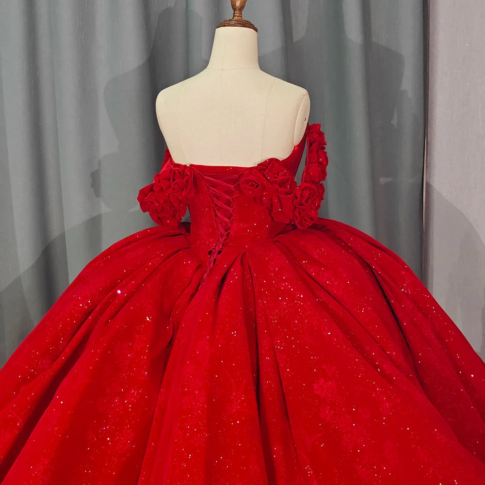 Red Quinceanera Dress Ball Gown V-Neck Lace Beading Short Sleeves Court Train Sweet 16 Party Dress