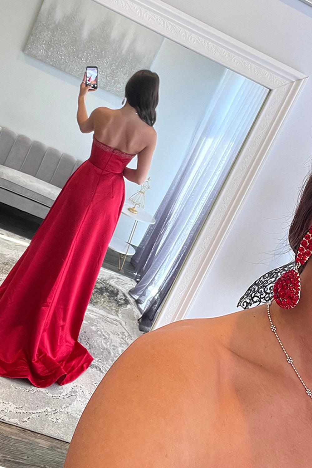 Red Satin Prom Dress Sweetheart A Line Long Formal Dress With Bows