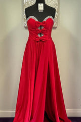 Red Satin Prom Dress Sweetheart A Line Long Formal Dress With Bows