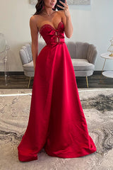 Red Satin Prom Dress Sweetheart A Line Long Formal Dress With Bows