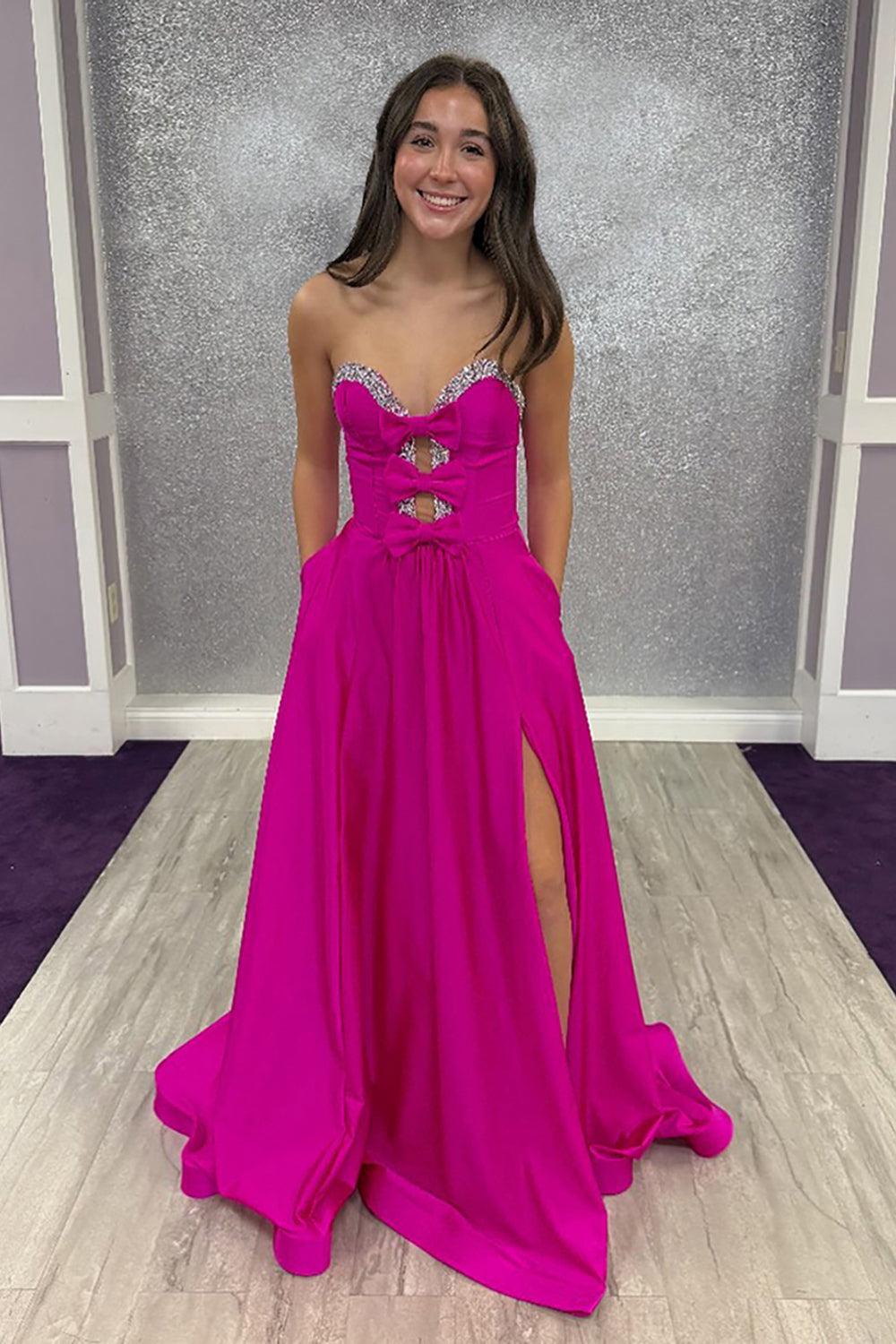 Red Satin Prom Dress Sweetheart A Line Long Formal Dress With Bows