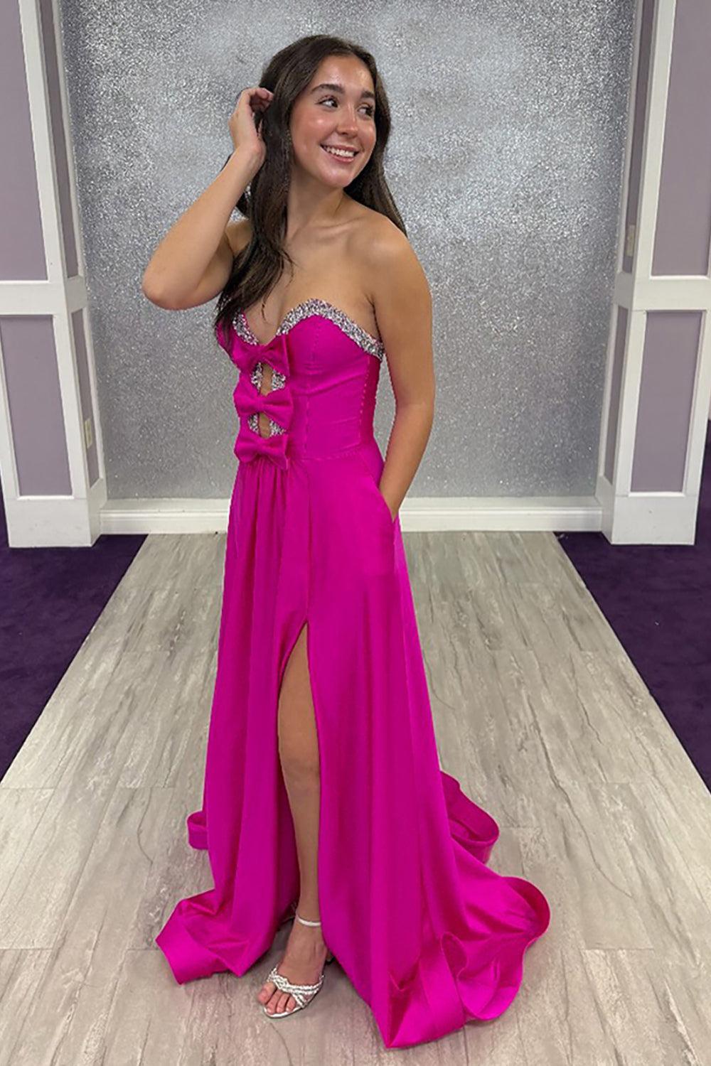 Red Satin Prom Dress Sweetheart A Line Long Formal Dress With Bows