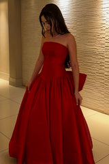 Red Strapless Ball Gown Prom Dress With Statement Bow Back Formal Evening Gown