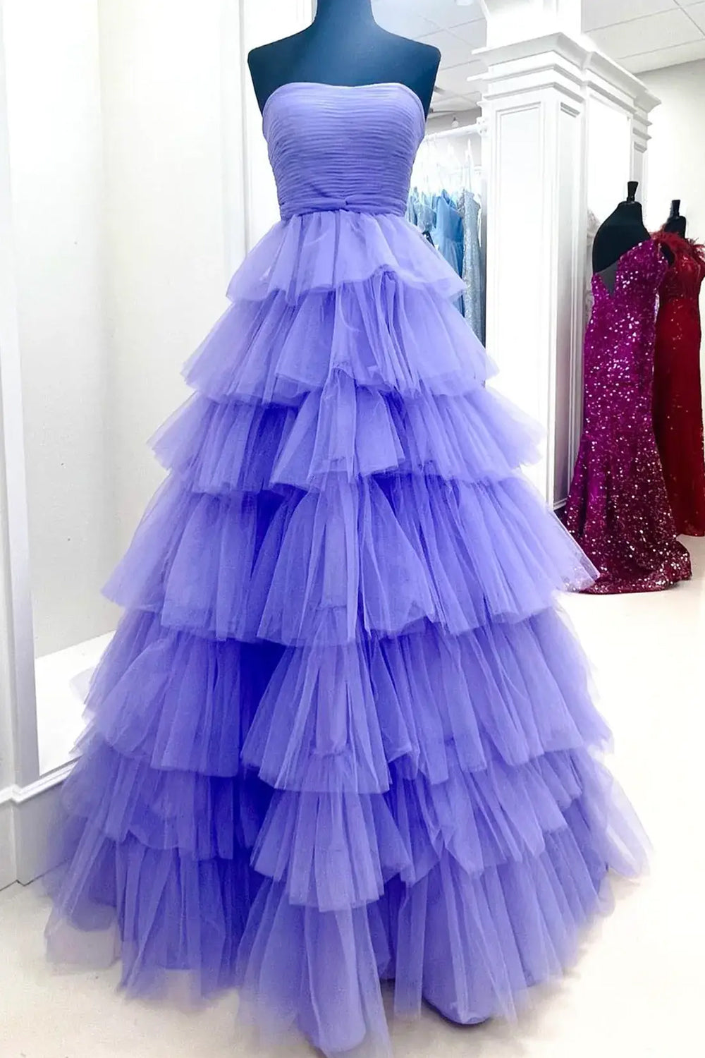 Red Strapless Prom Dress Tulle Long Tiered Evening Dress with Slit