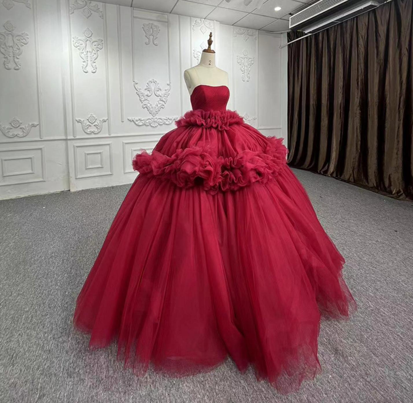 Red Strapless Quinceanera Dress Tulle Ball Gown Sweet 16 Dress