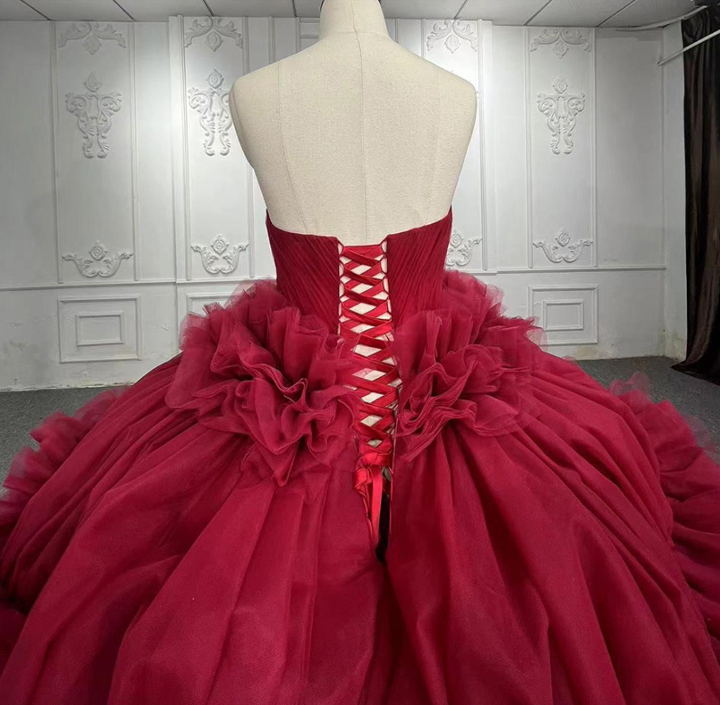Red Strapless Quinceanera Dress Tulle Ball Gown Sweet 16 Dress