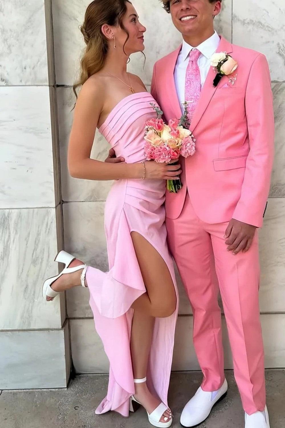 Dressystars Red Strapless Ruched Strapless Long Mermaid Prom Dress With High Slit Formal Evening Gown