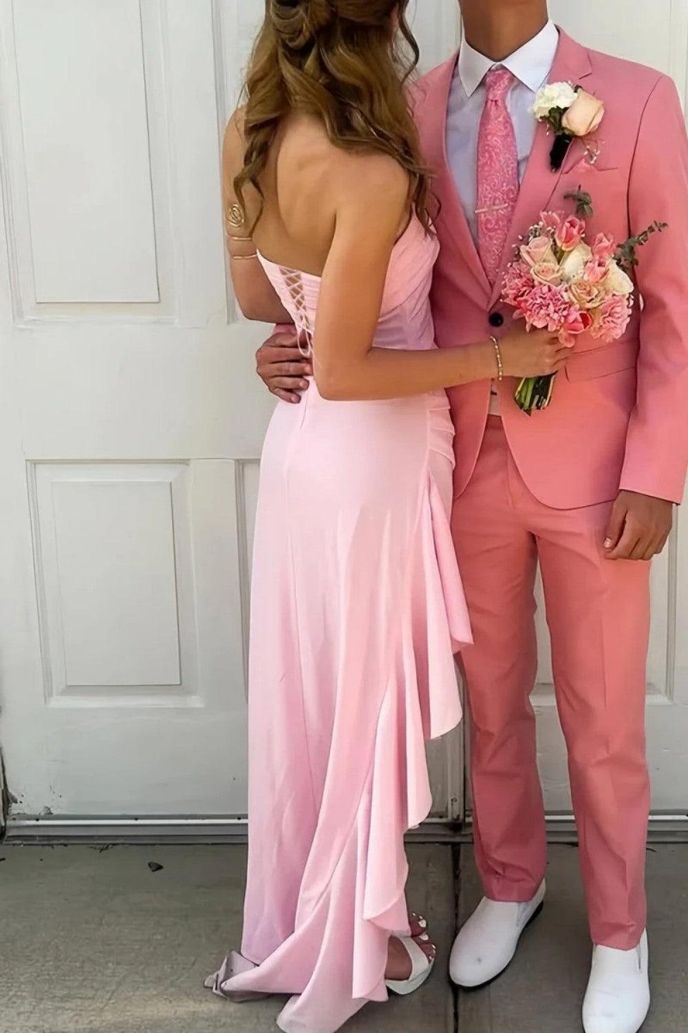 Dressystars Red Strapless Ruched Strapless Long Mermaid Prom Dress With High Slit Formal Evening Gown