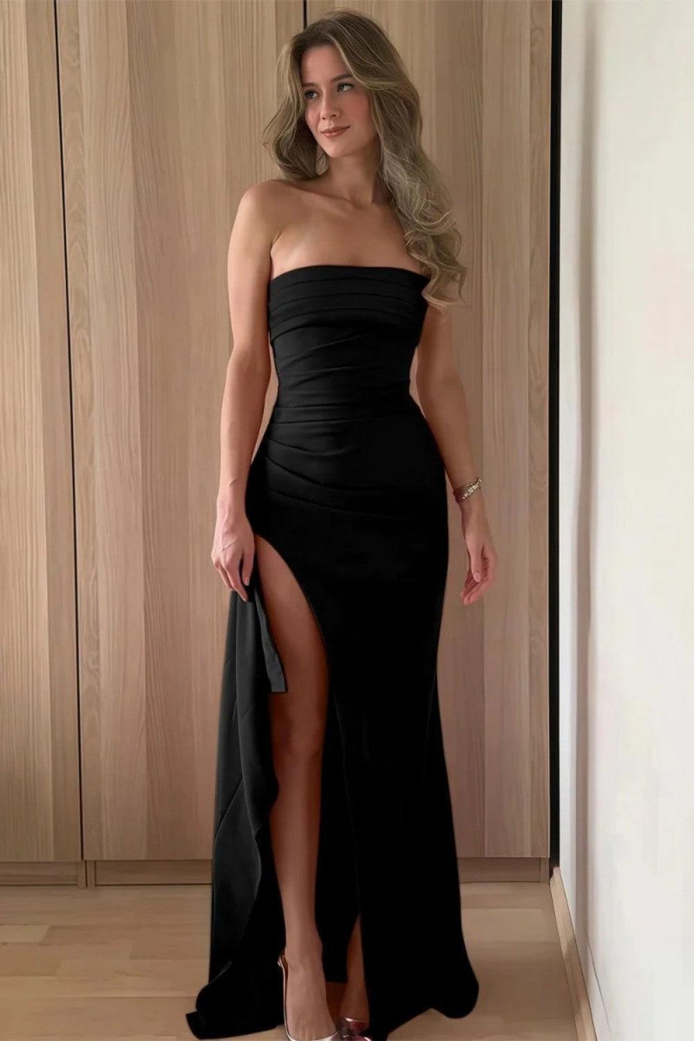 Dressystars Red Strapless Ruched Strapless Long Mermaid Prom Dress With High Slit Formal Evening Gown