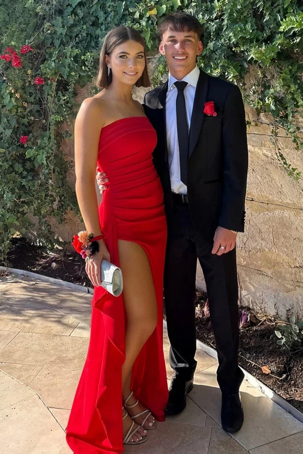 Dressystars Red Strapless Ruched Strapless Long Mermaid Prom Dress With High Slit Formal Evening Gown