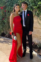 Dressystars Red Strapless Ruched Strapless Long Mermaid Prom Dress With High Slit Formal Evening Gown