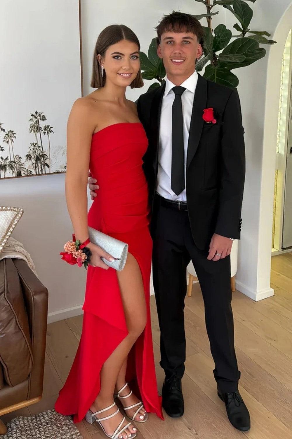 Dressystars Red Strapless Ruched Strapless Long Mermaid Prom Dress With High Slit Formal Evening Gown