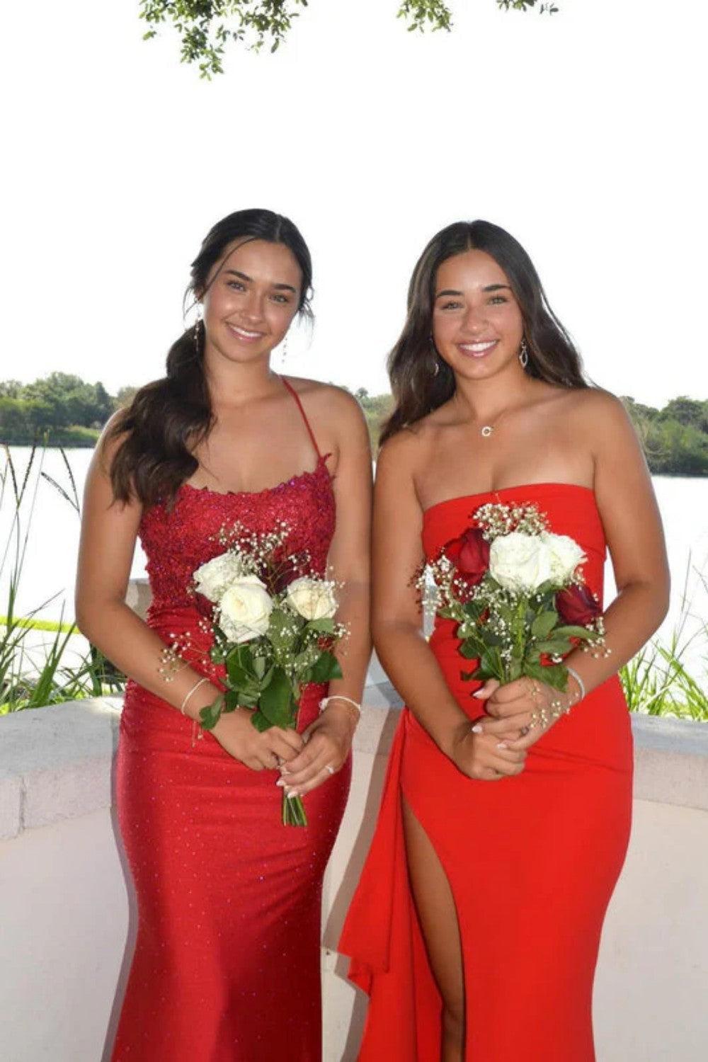 Dressystars Red Strapless Ruched Strapless Long Mermaid Prom Dress With High Slit Formal Evening Gown