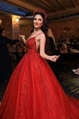 Red Tulle Ball Gown Wedding Dress with Beaded Bodice and Spaghetti Straps