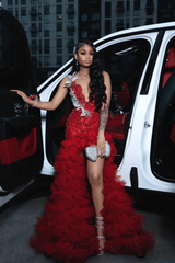 Red Tulle Sequined Prom Dress Ruffled V Neck Formal Evening Gown with 3D Flowers