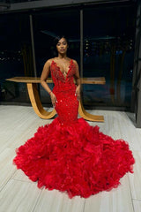 Red V-Neck Strapless Mermaid Beadings Prom Dress with Ruffles