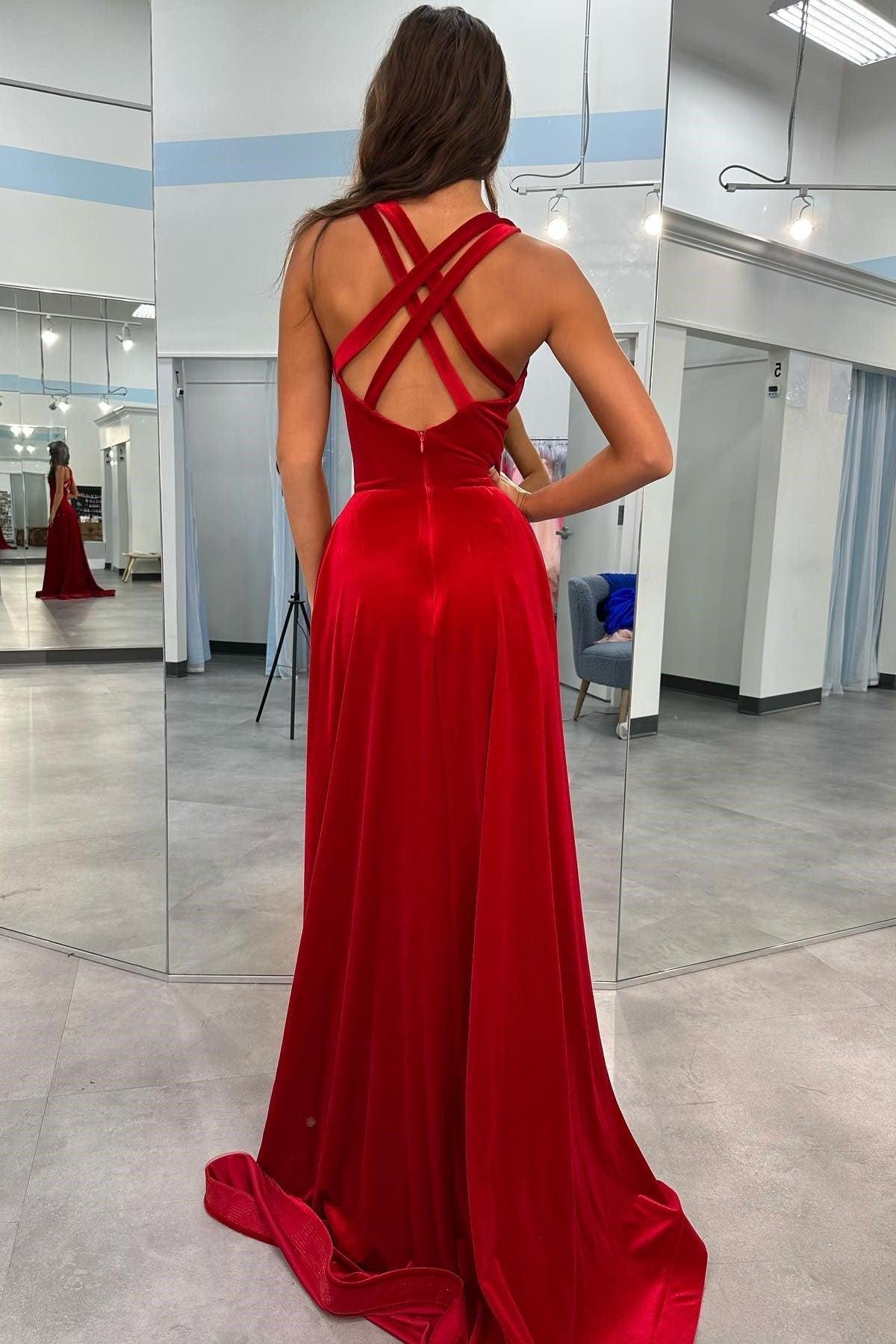 Red Velvet Formal Dress Plunge V Cross Back A Line Long Evening Dress