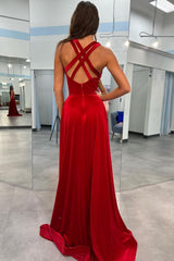Red Velvet Formal Dress Plunge V Cross Back A Line Long Evening Dress