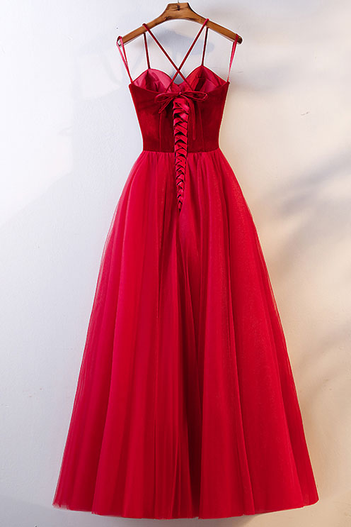 Red Velvet Formal Dress Tulle Long Simple Evening Dress
