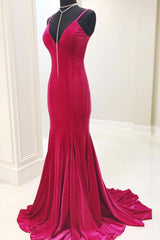 Red Velvet Formal Dress V Neck Mermaid Long Evening Dress