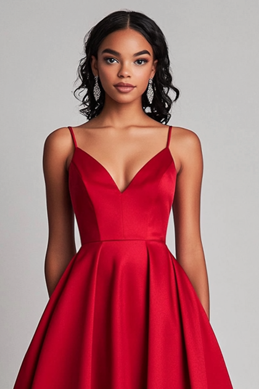 Red Wedding Guest Dress Satin A-Line Tea Length Spaghetti Straps Formal Dress
