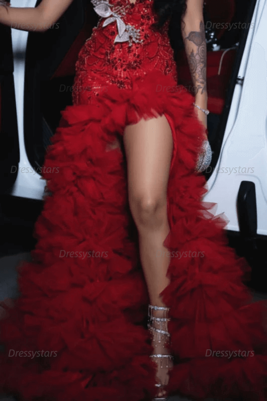 Red Tulle Sequined Prom Dress Ruffled V Neck Formal Evening Gown with 3D Flowers