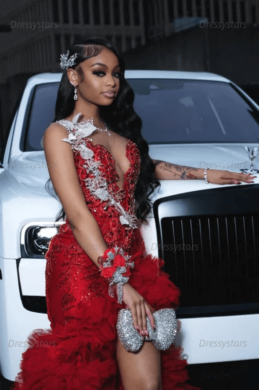 Red Tulle Sequined Prom Dress Ruffled V Neck Formal Evening Gown with 3D Flowers