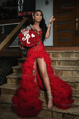 Red Tulle Sequined Prom Dress Ruffled V Neck Formal Evening Gown with 3D Flowers