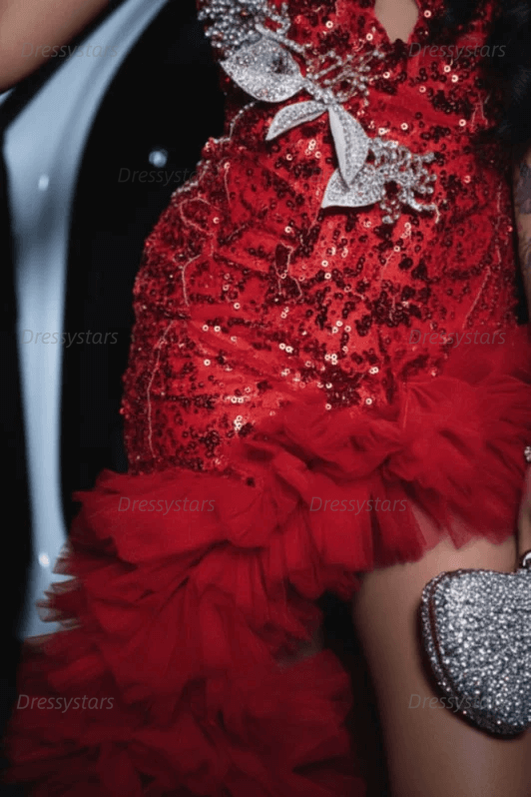 Red Tulle Sequined Prom Dress Ruffled V Neck Formal Evening Gown with 3D Flowers