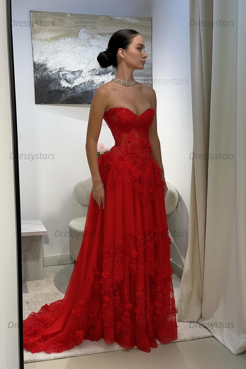 Yellow Lace A Line Prom Dress Sweetheart Lace Appliqued Formal Dress with 3D Flowers