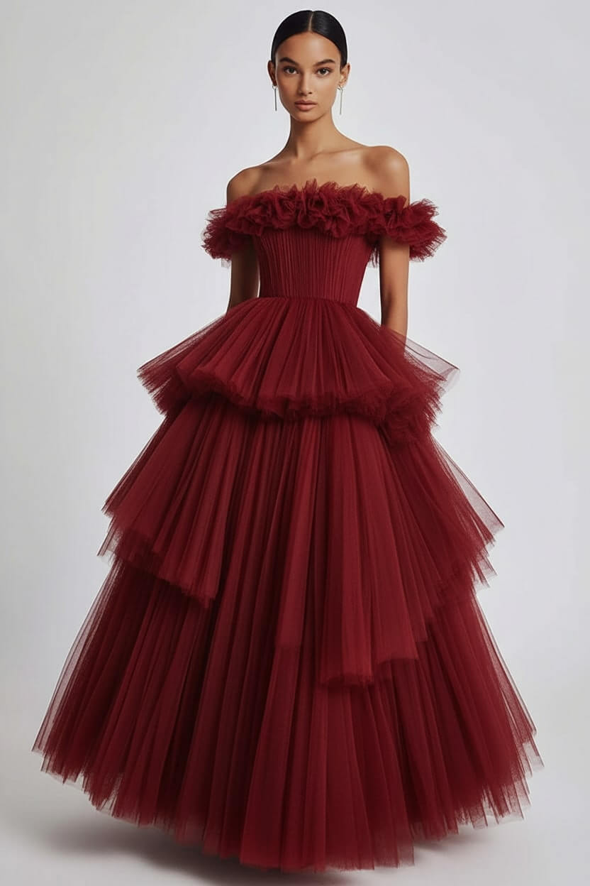 Dusty Sage Formal Dress Tulle Off The Shoulder Ball Gown Wedding Guest Dress With Ruffles