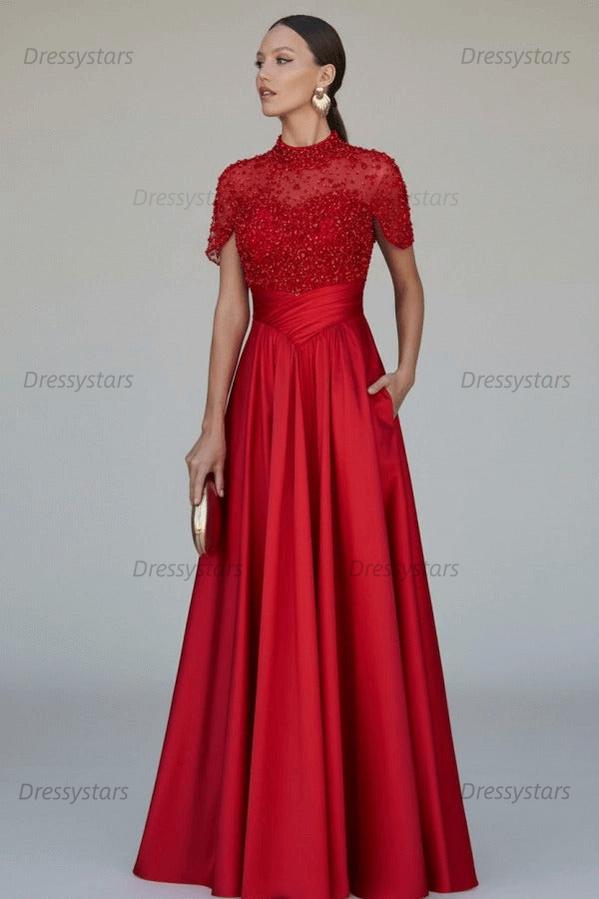 Green A Line Prom Dress Short Sleeve High Neck Formal Dress With Beadings and Rhinestones