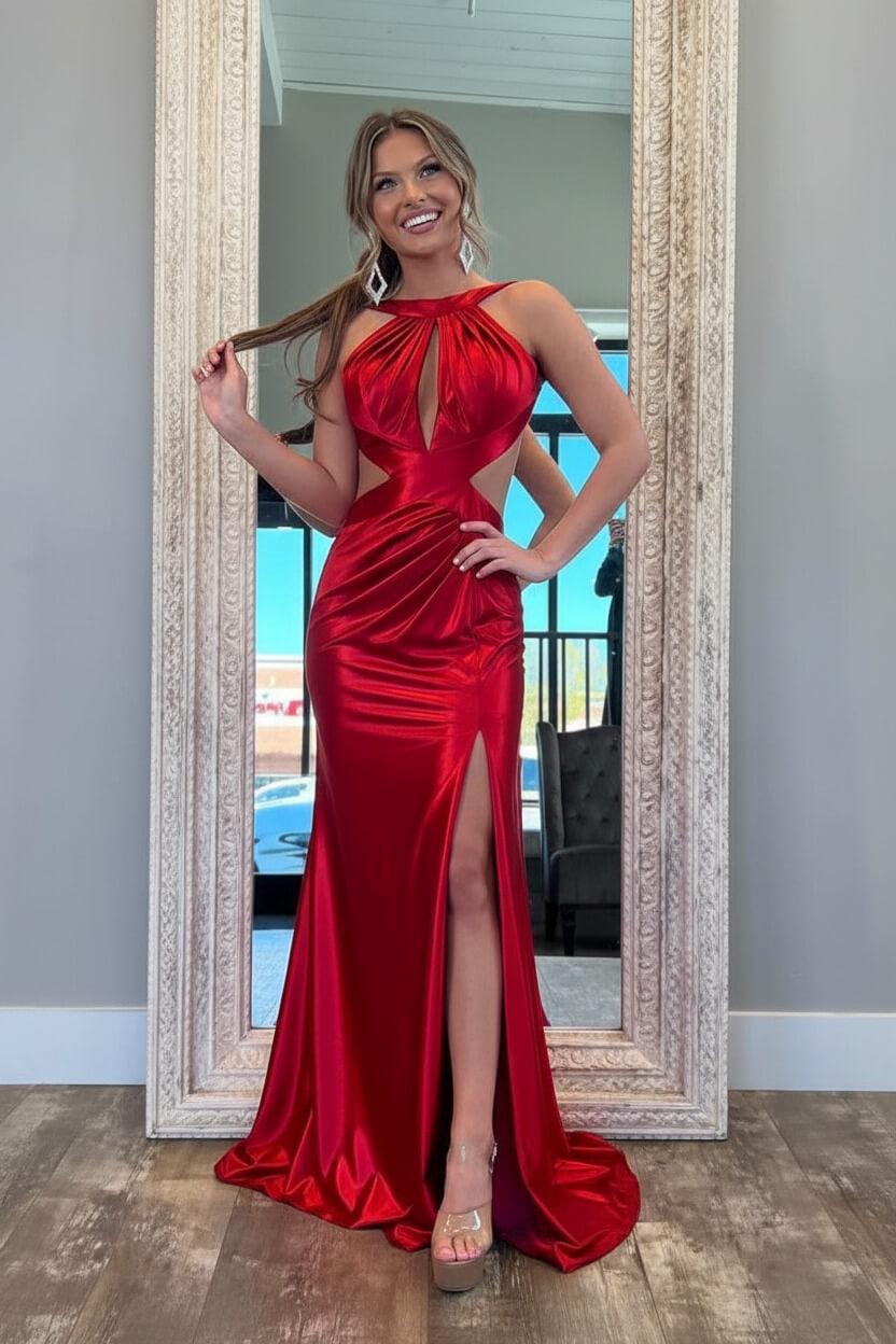 Fuchsia Metallic Mermaid Prom Dress With Slit And Open Back Formal Evening Gown