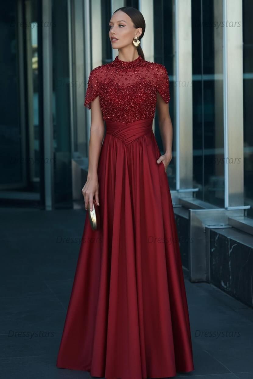 Green A Line Prom Dress Short Sleeve High Neck Formal Dress With Beadings and Rhinestones