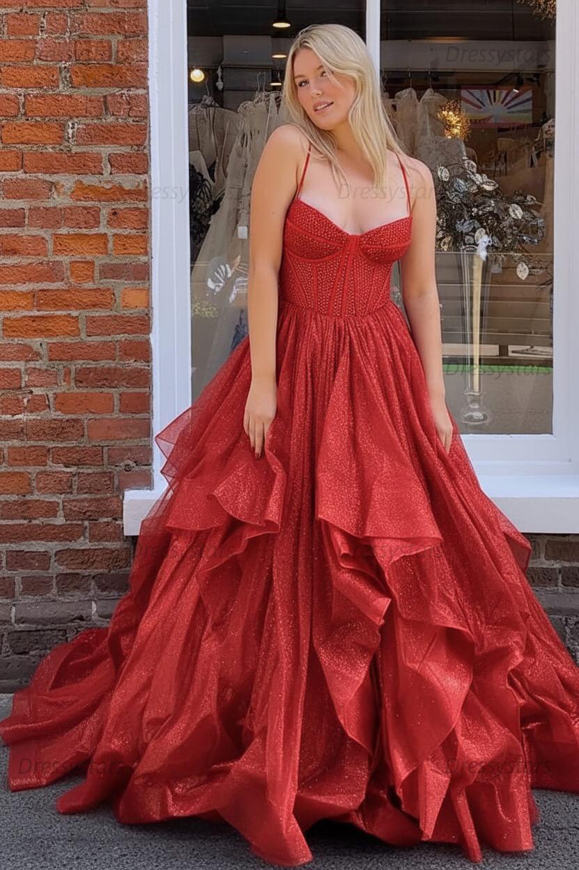Dark Green A Line Long Corset Prom Dress With Ruffles