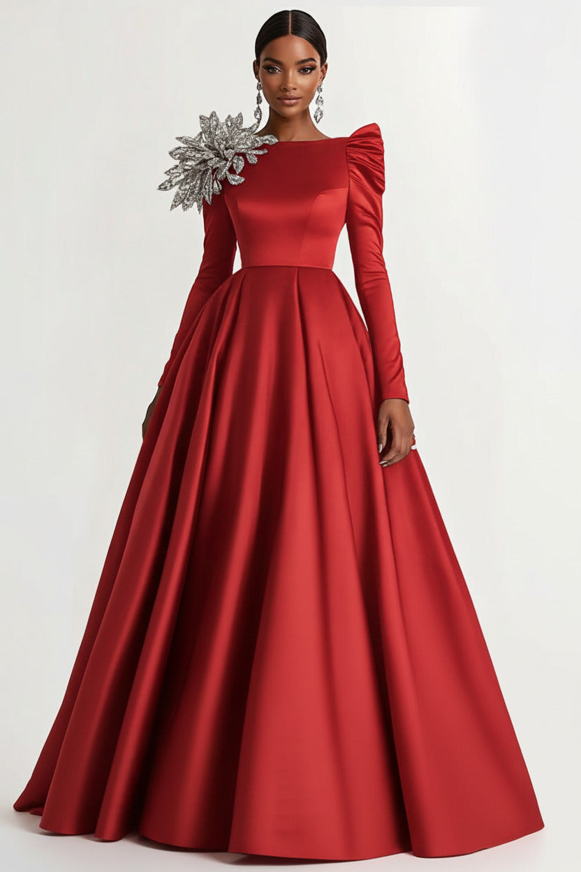 Dressystars A-Line Long Black Wedding Guest Dress Satin Boat Neck Formal Dress With Long Sleeves