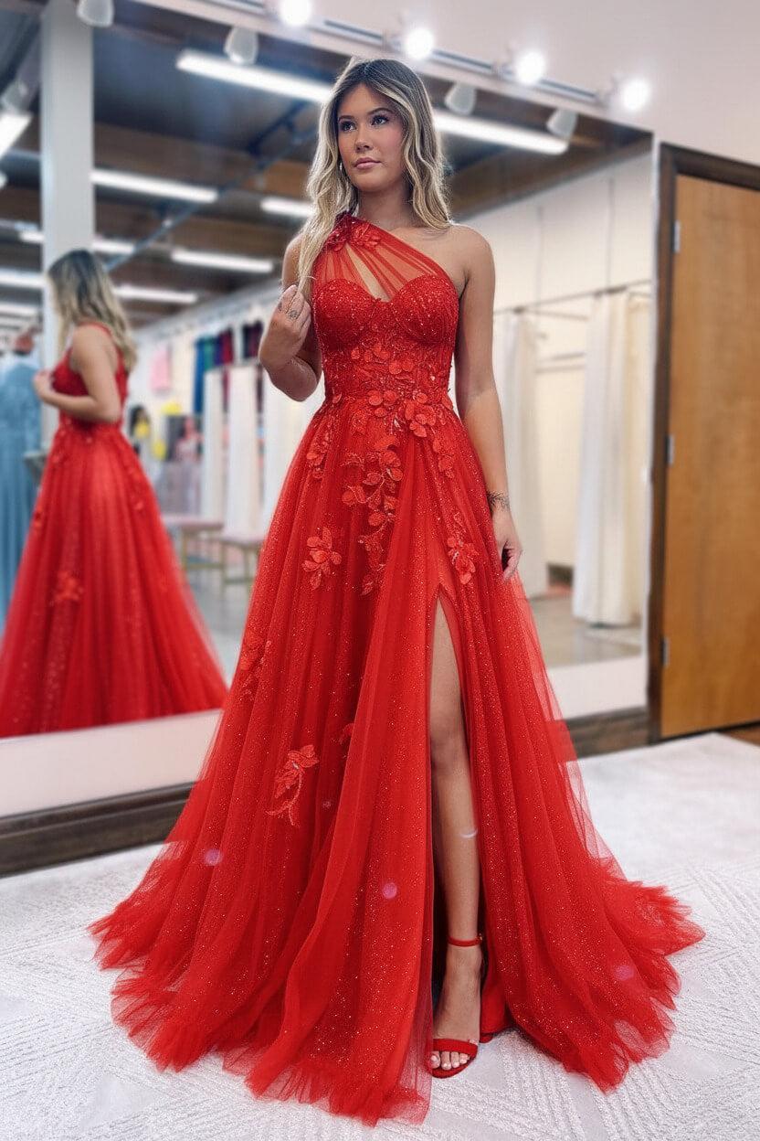A Line Prom Dress One Shoulder Black Long Appliqued Evening Dress