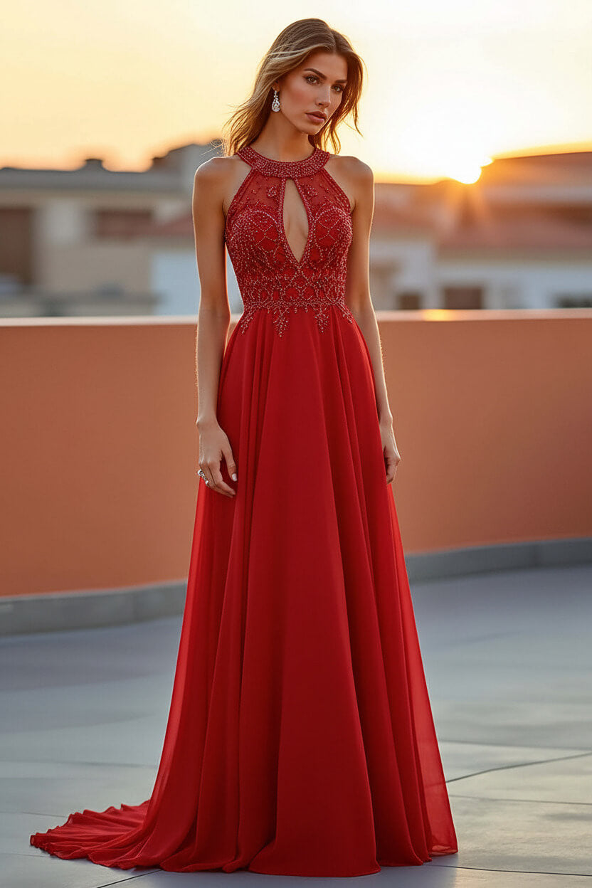Dressystars Beaded Navy Wedding Guest Dress Halter Long Formal Dress With Embroideries