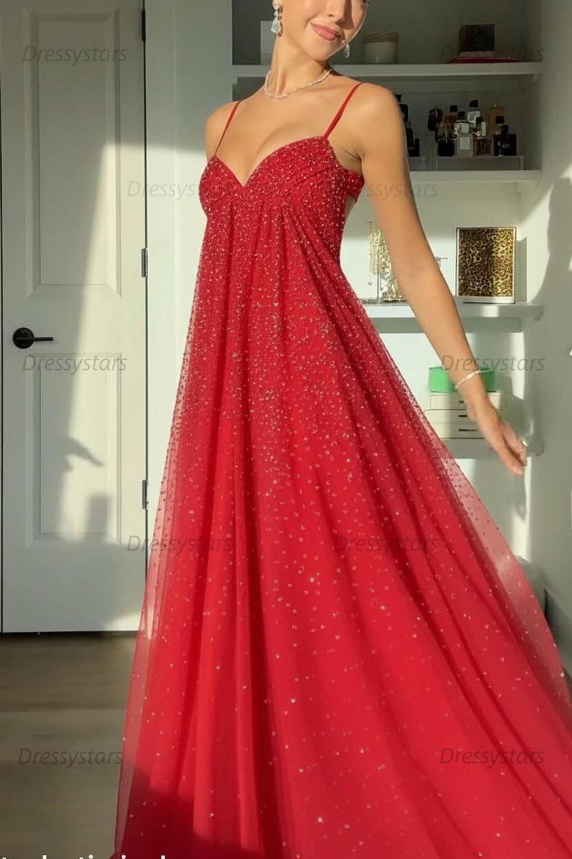 Dressystars Bling A Line Spaghetti Straps Grey Blue Long Party Dress With Beading Formal Evening Gown